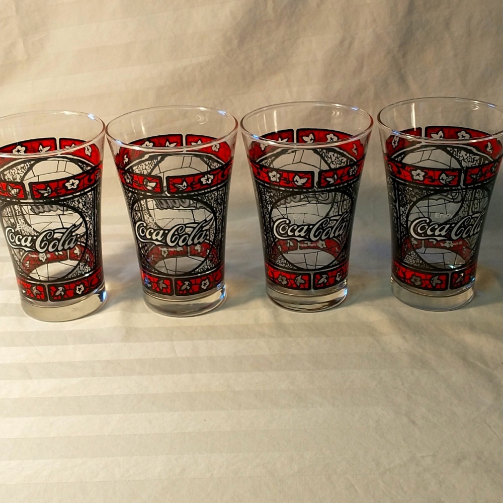 Set of 4 1970s Coca Cola Flared Red & Black Stained Tiffany Style Glasses